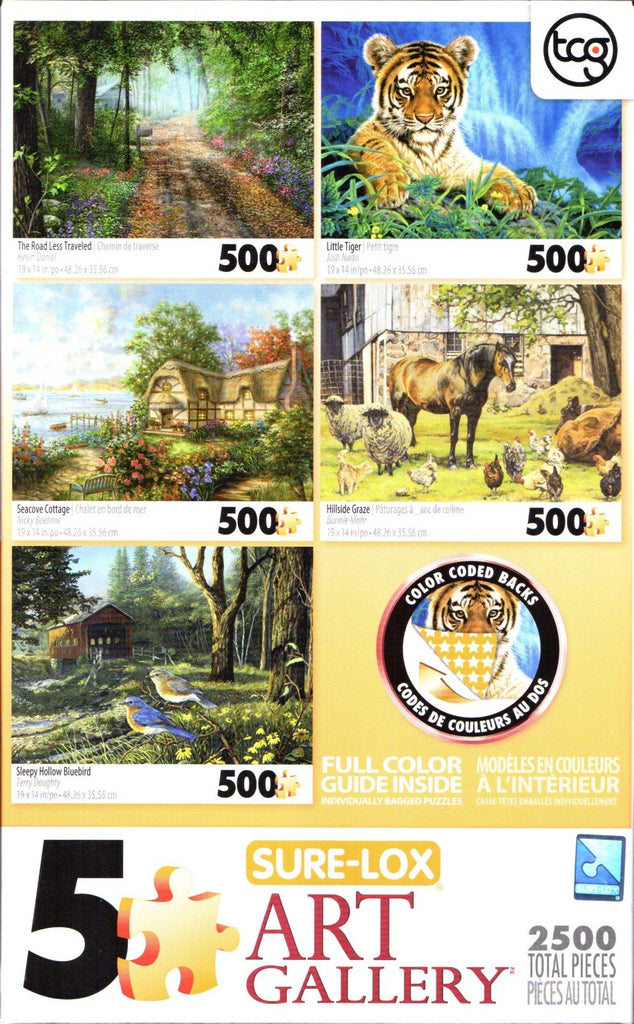 Art Gallery 5X500: Road Less Traveled, Little Tiger, Seacove Cottage, Hillside Graze, Sleepy Hollow Bluebird