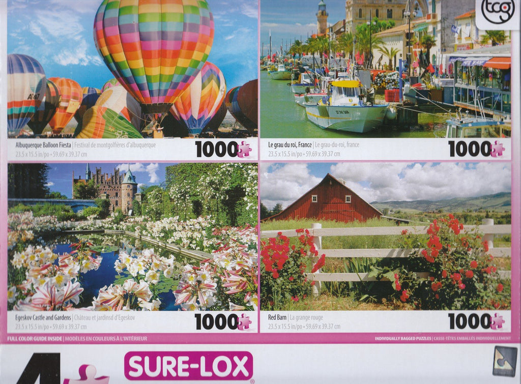 4 1000 Piece Puzzles: Albuquerque Ballon Fiesta, Le Grau Du Roi, Egeskov Castle and Gardens, Red Barn