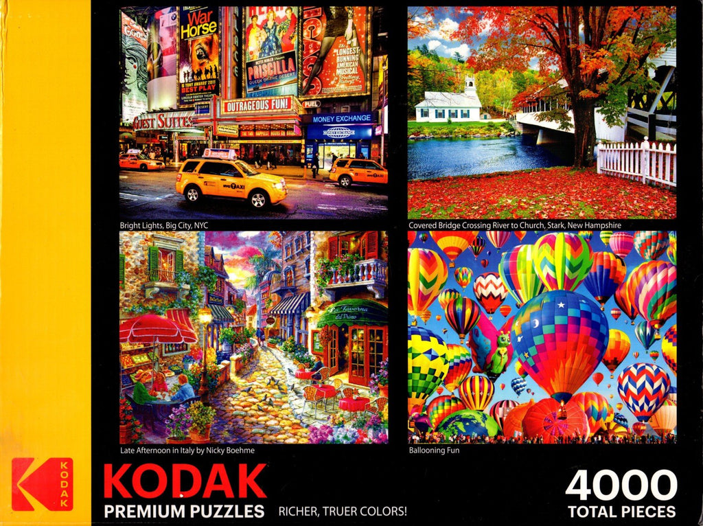 4 1000 Piece Puzzles: Bright Lights in NY, Covered Bridge Crossing River to Church Stark NH, Late Afternoon in Italy, Ballooning Fun
