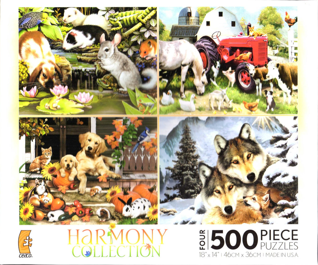4 500 Piece Puzzles: Poolside Pets, Meadow Farm, Autumn on the Porch, Wolf Harmony