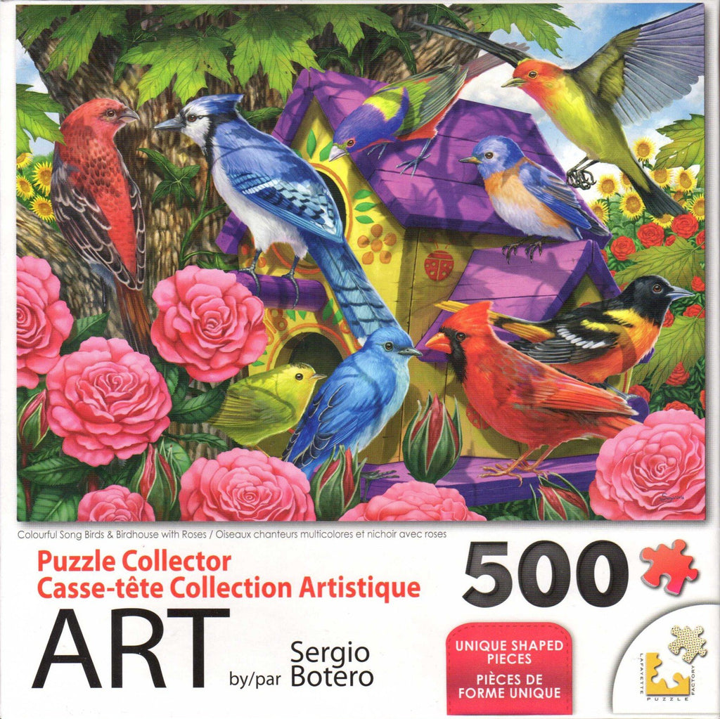 Puzzle Collector Art 500 Piece Puzzle - Colorful Song Birds & Birdhouse with Roses