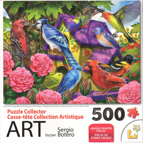 Puzzle Collector Art 500 Piece Puzzle - Colorful Song Birds & Birdhouse with Roses