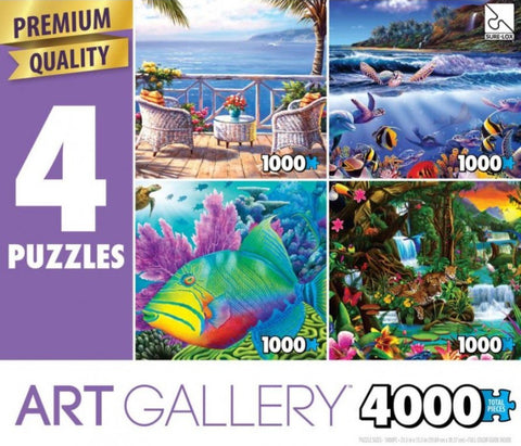 4 1000 Piece Puzzles: Two By the Sea, Turtle Town Joy, Trigger Happy, Beautiful Rainforest
