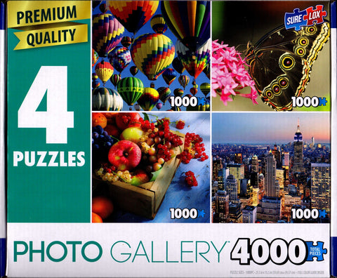 4 1000 Piece Puzzles: Up Up and Away, Owl Butterfly, Market Fruit, New York City