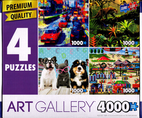 4 1000 Piece Puzzles: Downtown Street, Jungle Life, Study Time, Independence Day