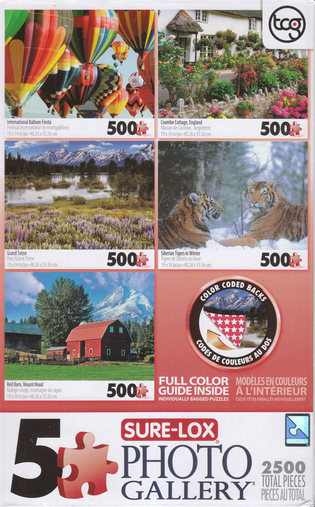 5 Deluxe 500 Piece Puzzles: Coombe Cottage, International Balloon Fiesta, Siberian Tigers, Red Barn, Grand Teton