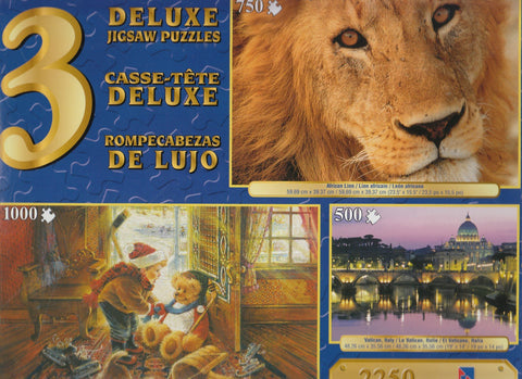 3 Deluxe Puzzles: You Play Goalie, African Lion, Vatican, Italy 2250 Piece