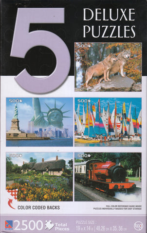 Deluxe Puzzles - 500 Piece Each: New York Skyline, European Gray Wolf, Anne Hathaway's Cottage, Sailboats, Gloucestershire Railway