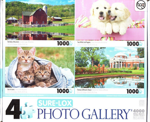 4 1000 Piece Puzzles: Red Barn, Two White Lab Puppies, Cats in Jeans, Thomas Jefferson's House
