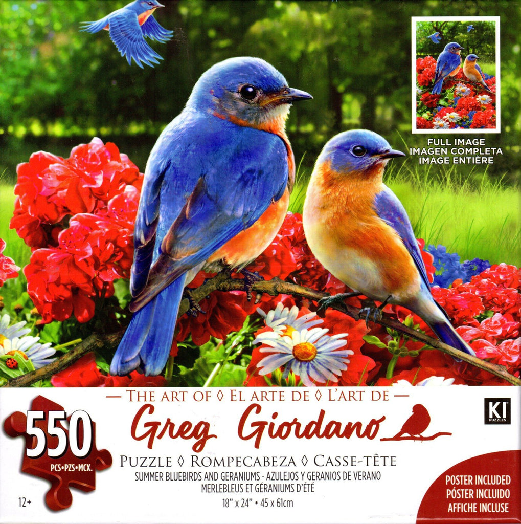 Summer Bluebirds and Geraniums 550 Piece Puzzle