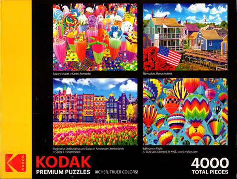 4 1000 Piece Puzzles: Sugary Shakes, Nantucket MA, Traditional Old Buildings and Tulips in Amsterdam, Balloons in Flight