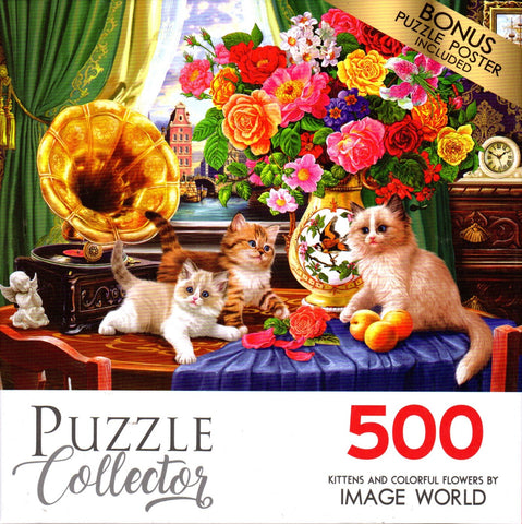 Puzzle Collector 500 Piece Puzzle - Kittens and Colorful Flowers