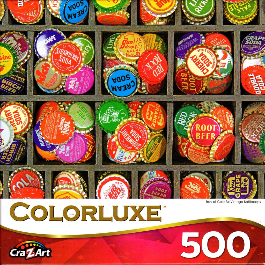 Colorluxe 500 Piece Puzzle - Tray of Colorful Vintage Bottlecaps