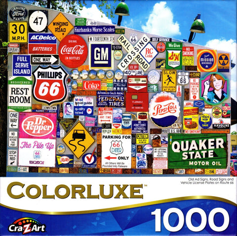 Colorluxe 1000 Piece Puzzle - Old Ad Signs, Road Signs and Vehicle License Plates on Route 66