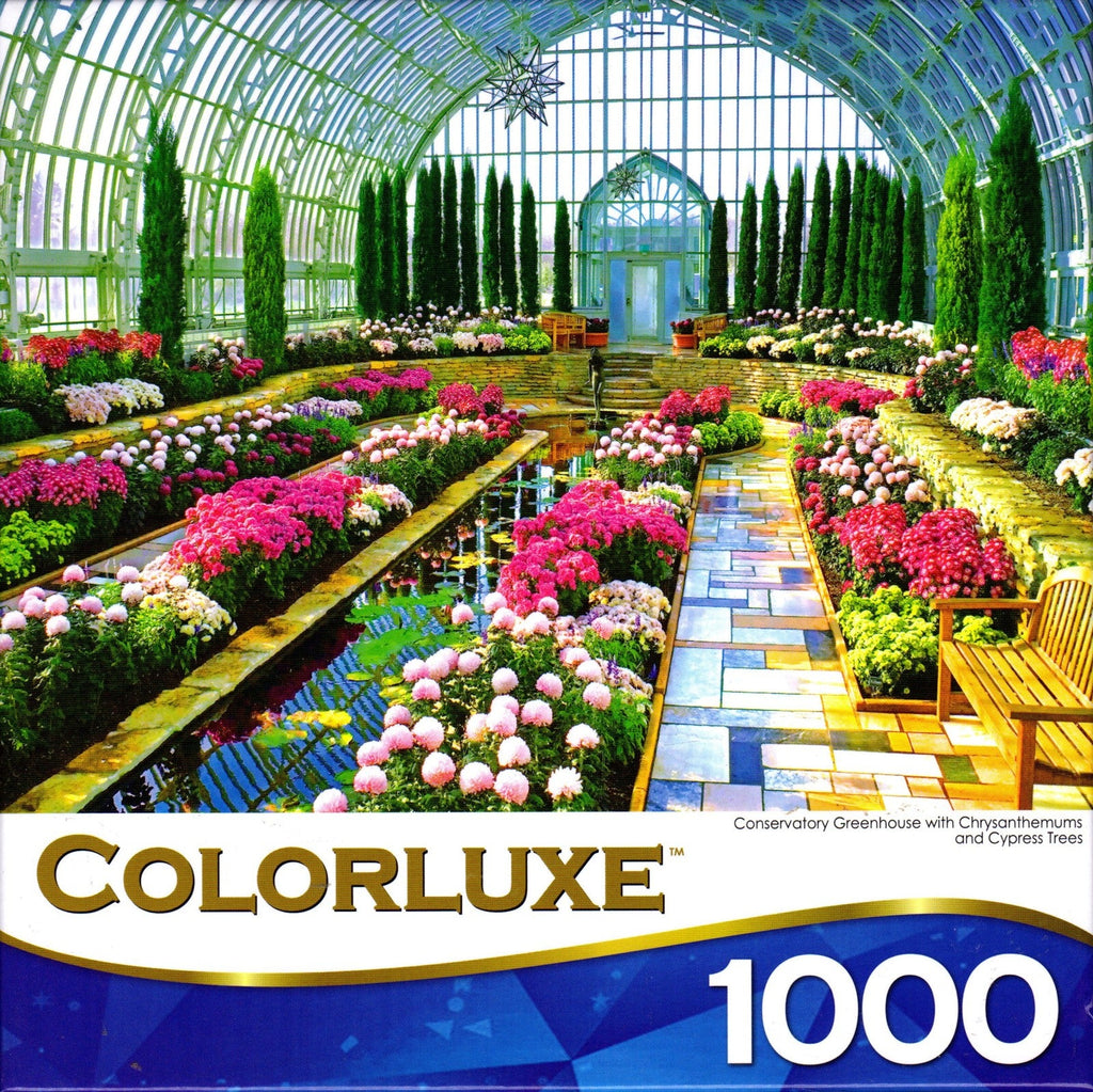 Colorluxe 1000 Piece Puzzle - Conservatory Greenhouse with Chrysanthemums and Cypress Trees