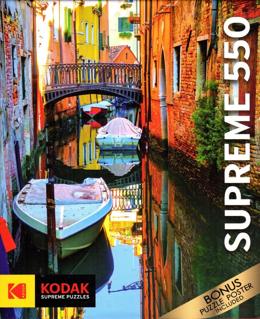 Pretty Canal with Small Bridge and Moored Motorboats in Venice Italy 550 Piece Puzzle By Roman Sigaev