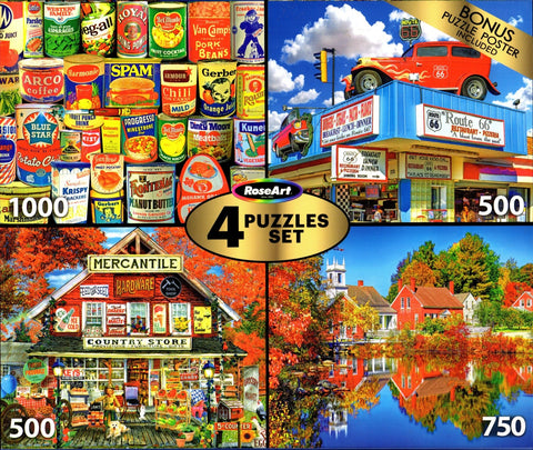 4 Puzzle Set - Retro Cans 1000 Piece, Autumn in Harrisville 750 Piece, Rt. 66 Restaurant and General Store 500 Piece Puzzles