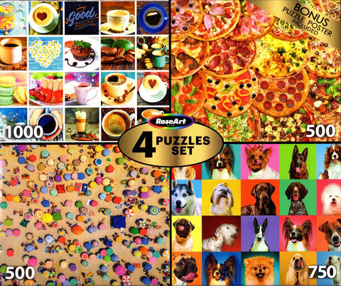 4 Puzzle Set - Love Coffee 1000 Piece, 20 Happy Dogs 750 Piece, Pizza Party and Colorful Copacabana Beach Umbrellas 500 Piece Puzzles