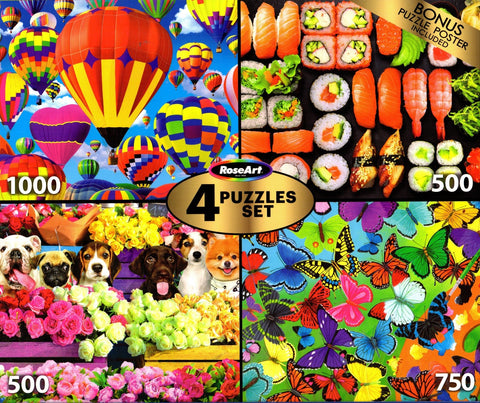 4 Puzzle Set - Colorful Hor Air Balloons Flying 1000 Piece, Butterfly Palette 750 Piece, Sushi Time and Flower Market Pups 500 Piece Puzzles