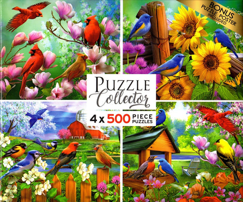 4 500 Piece Puzzles: Cardinal Family, Sunflower Garden, Spring Gathering, Dinner Time