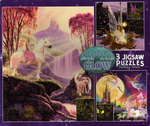 Glitter & Glow 3 Pack: Secret Valley 500, Moon Dance 300, Fairy Princess 100 Piece Puzzle