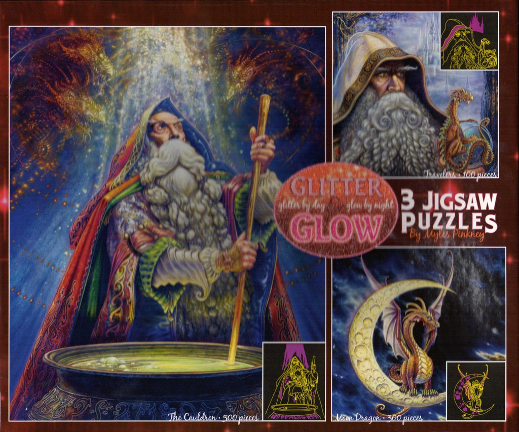 Glitter & Glow 3 Pack: The Cauldron 500, Moon Dragon 300, Travelers 100 Piece Puzzle