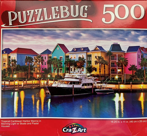 Puzzlebug 500 - Tropical Caribbean Harbor Marina with Boats and Pastel Houses
